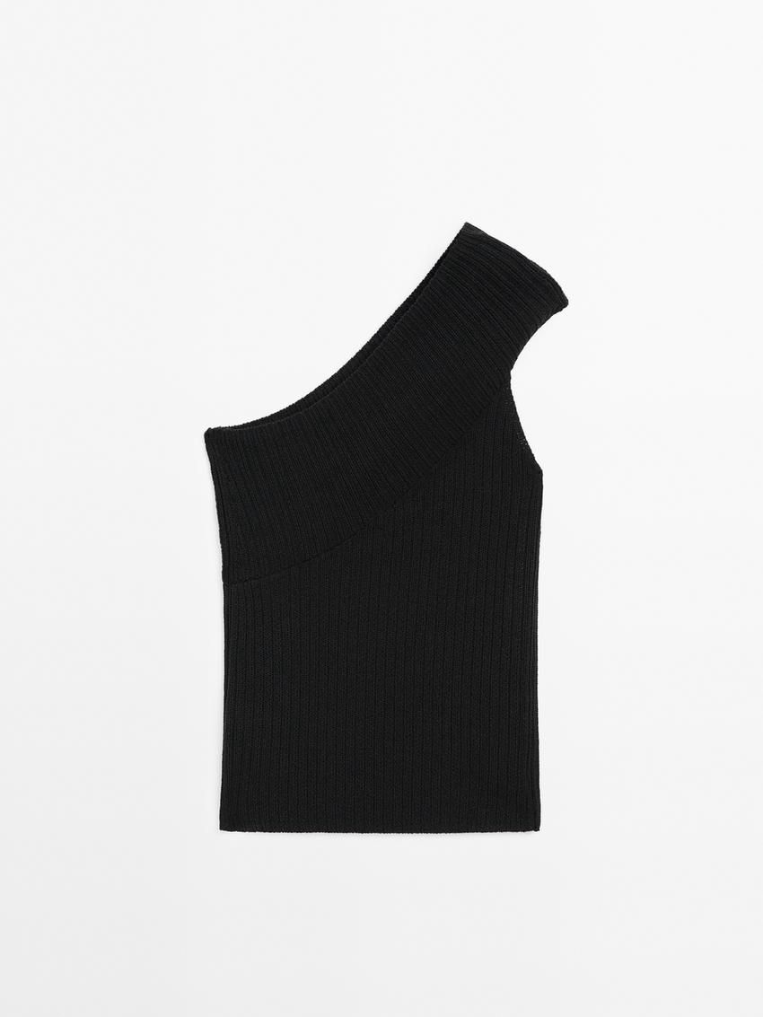 Massimo Dutti Asymmetric Ribbed Knit Women Top Black | US-YM7481965