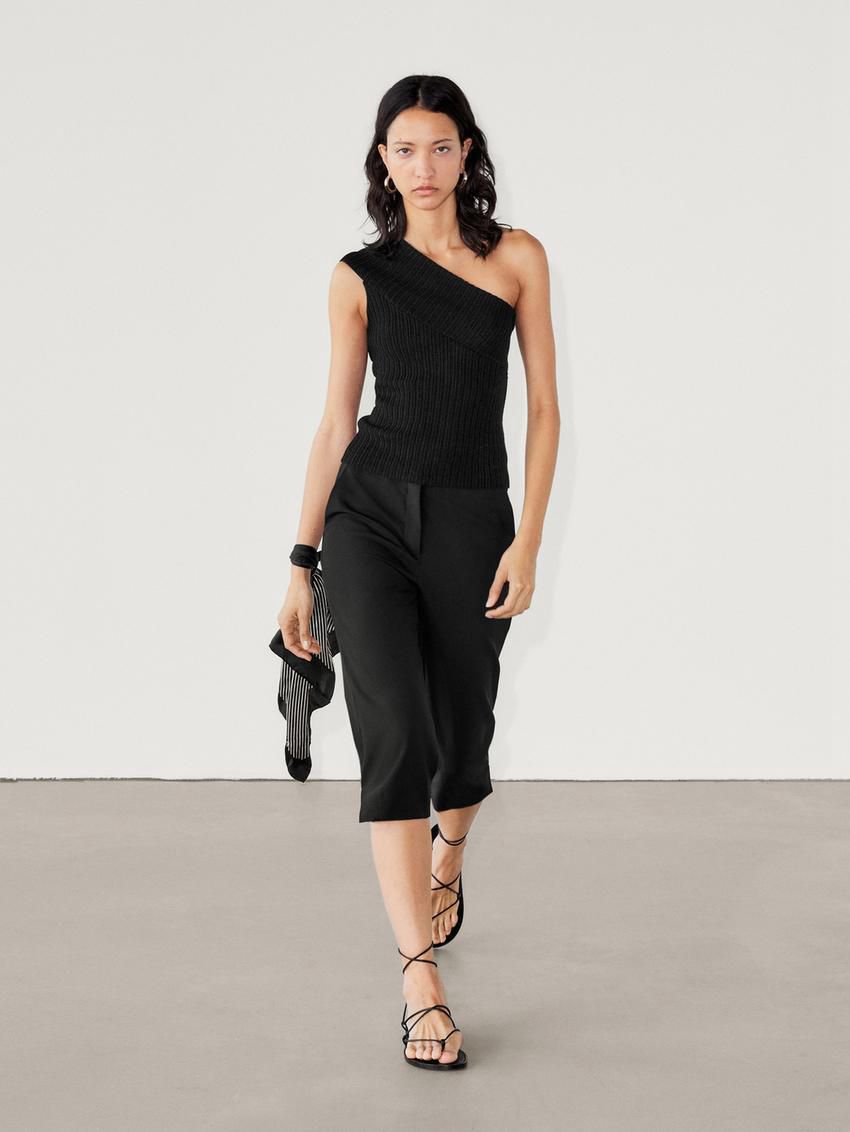 Massimo Dutti Asymmetric Ribbed Knit Women Top Black | US-YM7481965