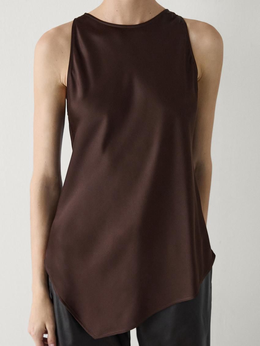 Massimo Dutti Asymmetric Satin Women Top Dark Brown | US-NR5084123