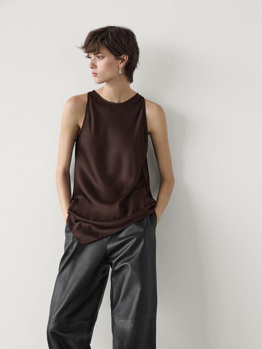 Massimo Dutti Asymmetric Satin Women Top Dark Brown | US-NR5084123