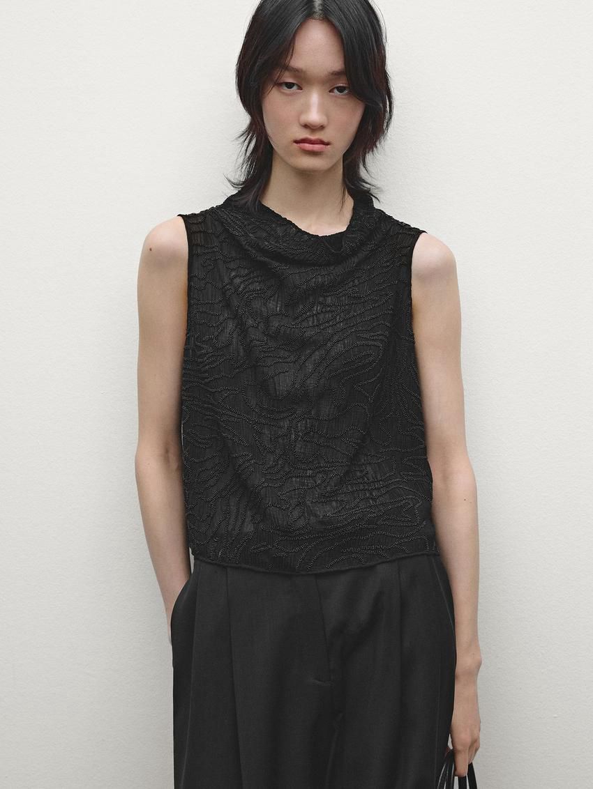 Massimo Dutti Beading Women Top Black | US-ST5893146