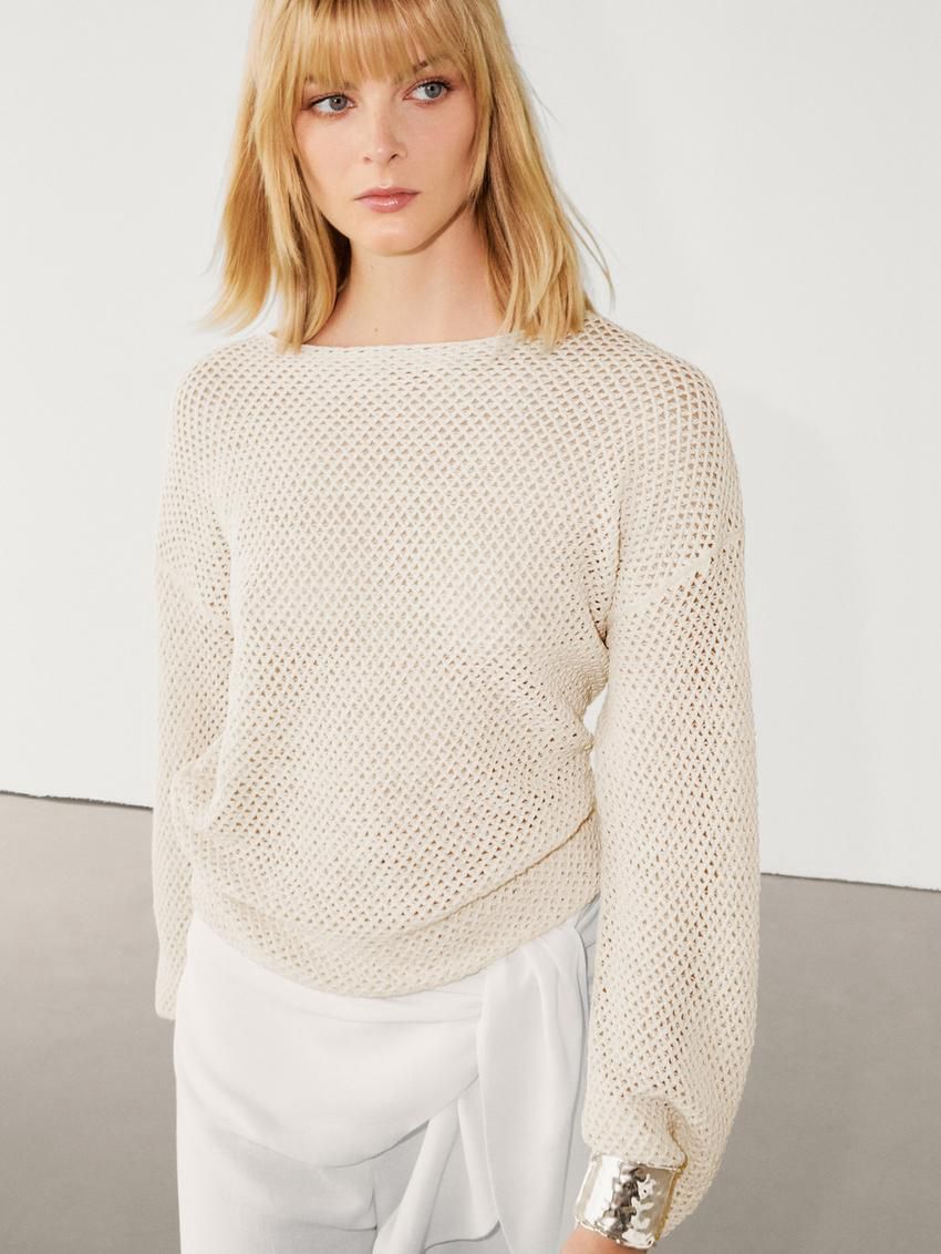 Massimo Dutti Boat Neck Open Knit Women Sweater Cream | US-PN3452806