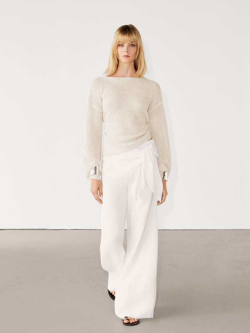 Massimo Dutti Boat Neck Open Knit Women Sweater Cream | US-PN3452806