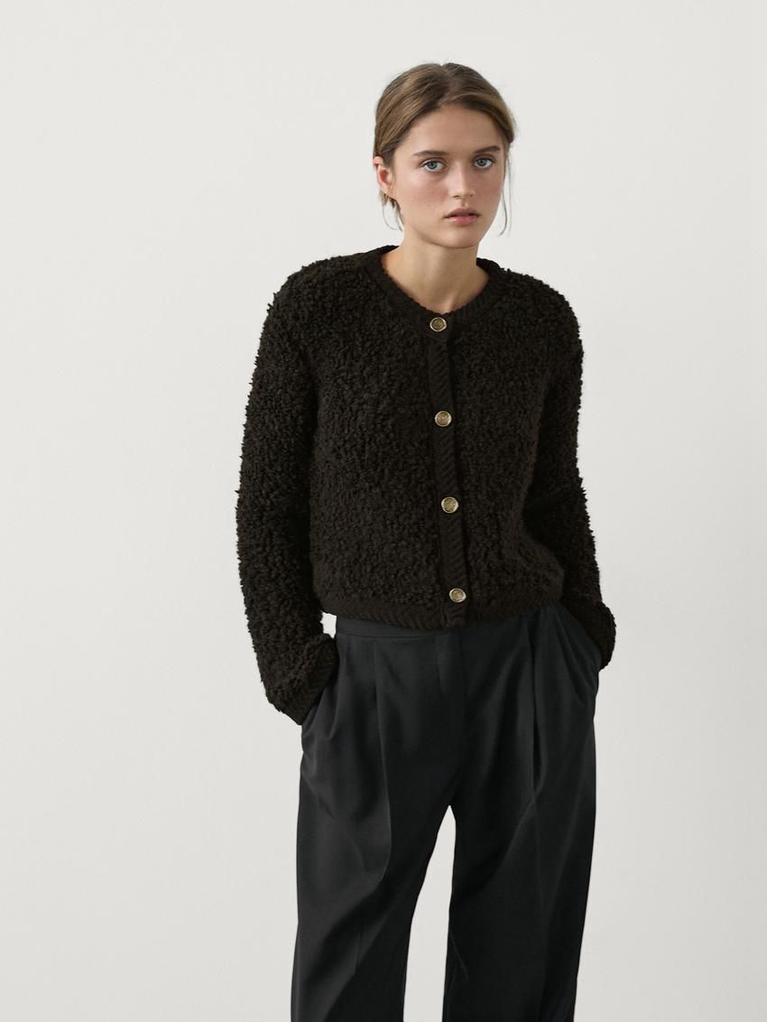 Massimo Dutti Bouclé With Rhinestone Button Women Cardigan Dark Brown | US-XU0635287