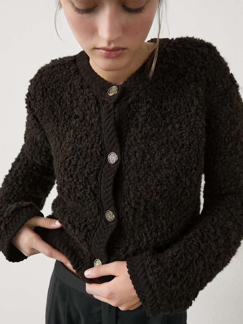 Massimo Dutti Bouclé With Rhinestone Button Women Cardigan Dark Brown | US-XU0635287