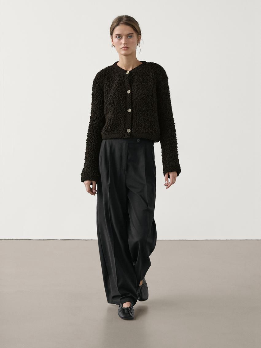 Massimo Dutti Bouclé With Rhinestone Button Women Cardigan Dark Brown | US-XU0635287