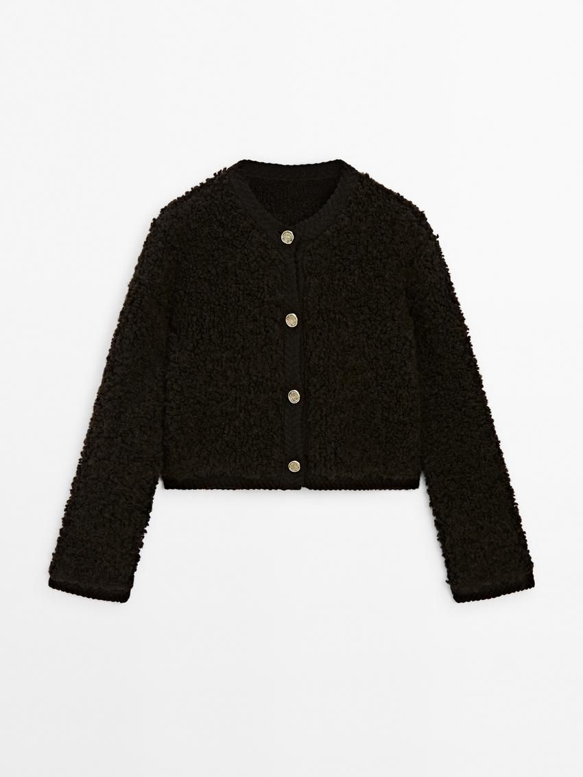 Massimo Dutti Bouclé With Rhinestone Button Women Cardigan Dark Brown | US-XU0635287
