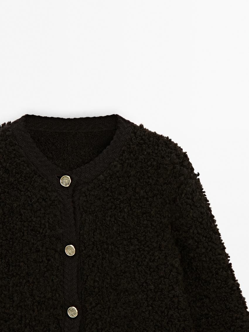 Massimo Dutti Bouclé With Rhinestone Button Women Cardigan Dark Brown | US-XU0635287