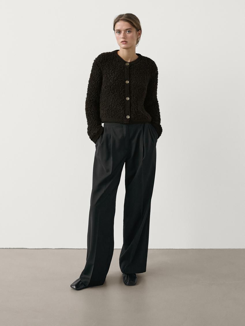Massimo Dutti Bouclé With Rhinestone Button Women Cardigan Dark Brown | US-XU0635287