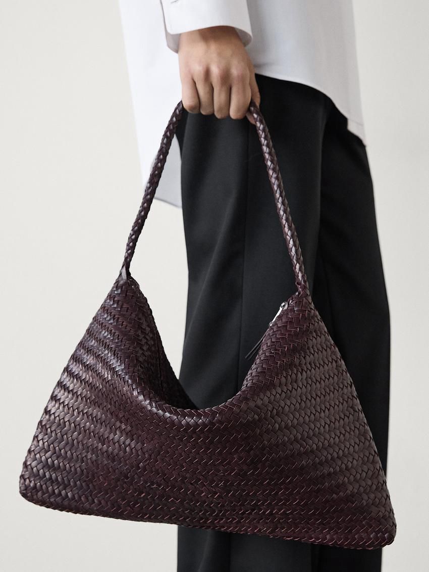 Massimo Dutti Braided Nappa Leather Women Shoulder Bag Burgundy | US-MU5264038
