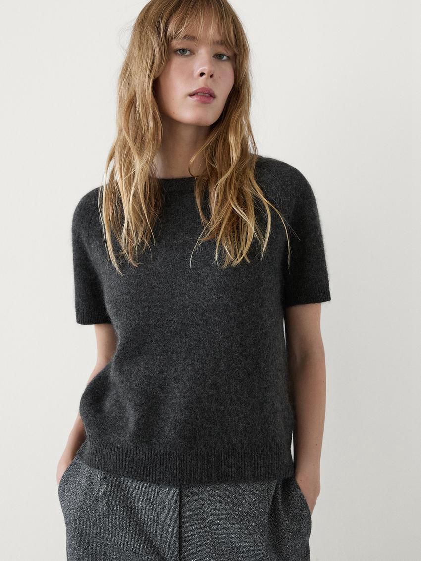 Massimo Dutti Brushed Wool Blend Short Sleeve Women Sweater Dark Grey | US-SH3049125