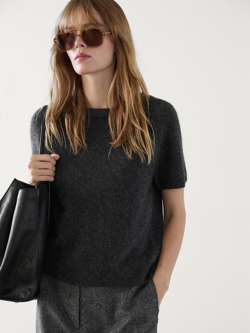 Massimo Dutti Brushed Wool Blend Short Sleeve Women Sweater Dark Grey | US-SH3049125