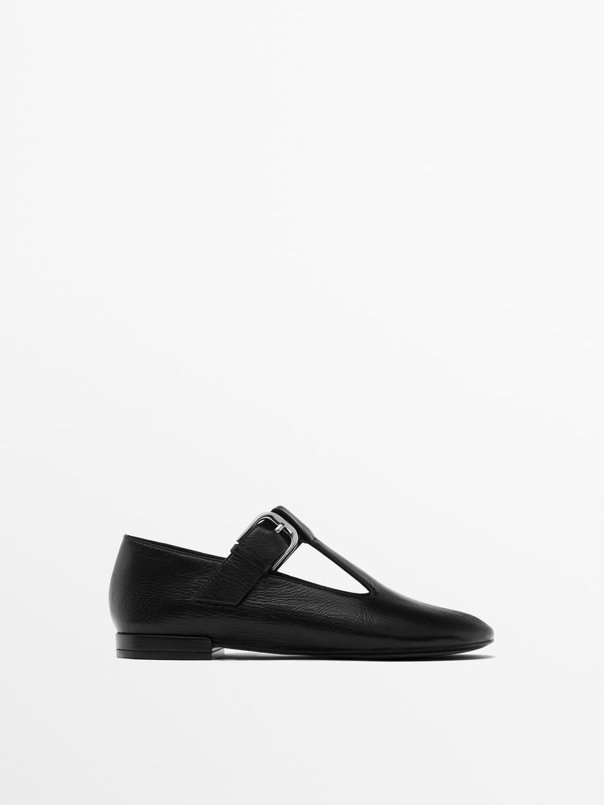 Massimo Dutti Buckled Strap Women Flat Shoes Black | US-XN1794365