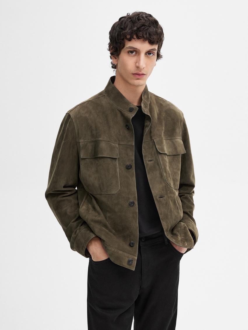 Massimo Dutti Buttoned Suede Men Leather Jacket Khaki | US-IN2680349