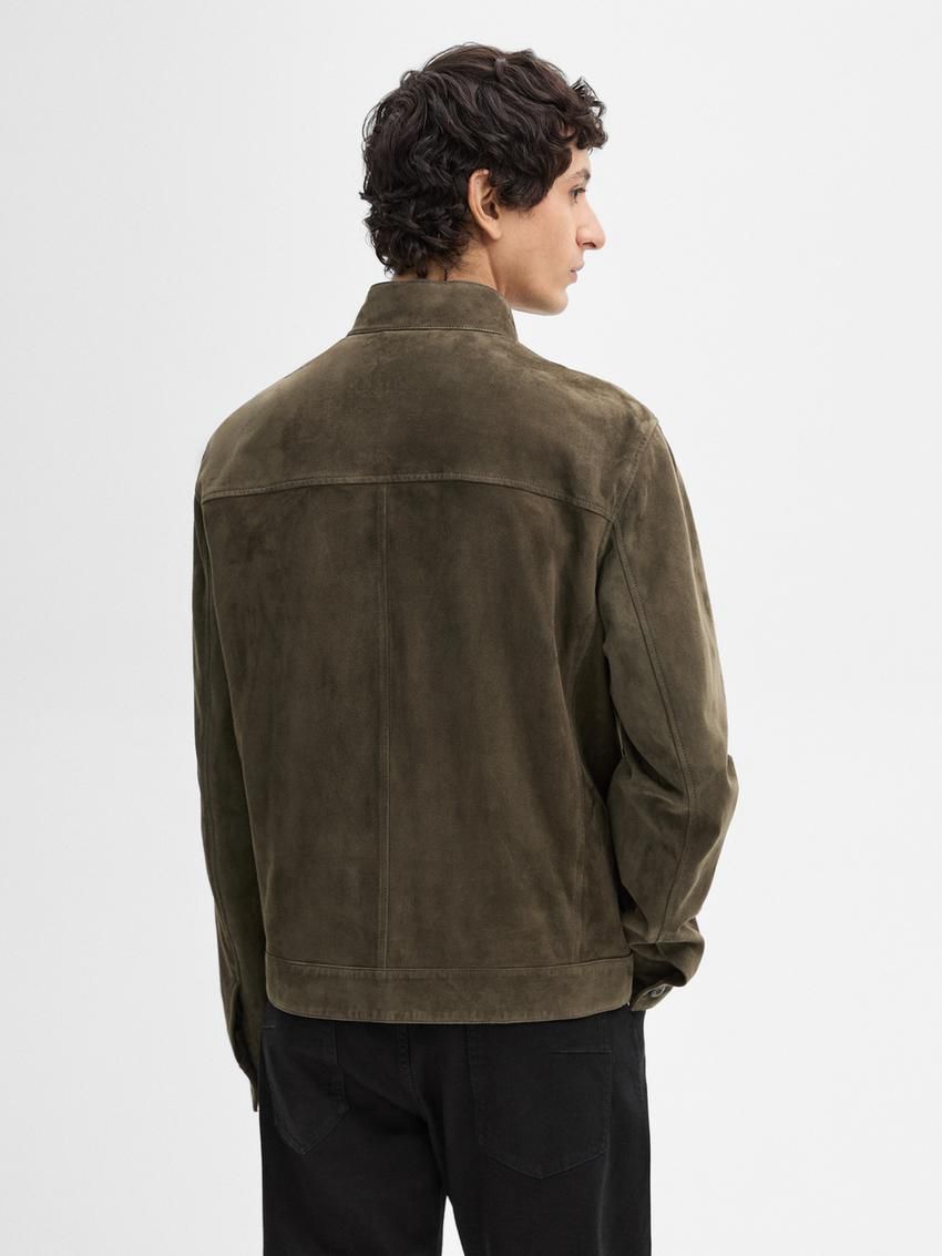 Massimo Dutti Buttoned Suede Men Leather Jacket Khaki | US-IN2680349
