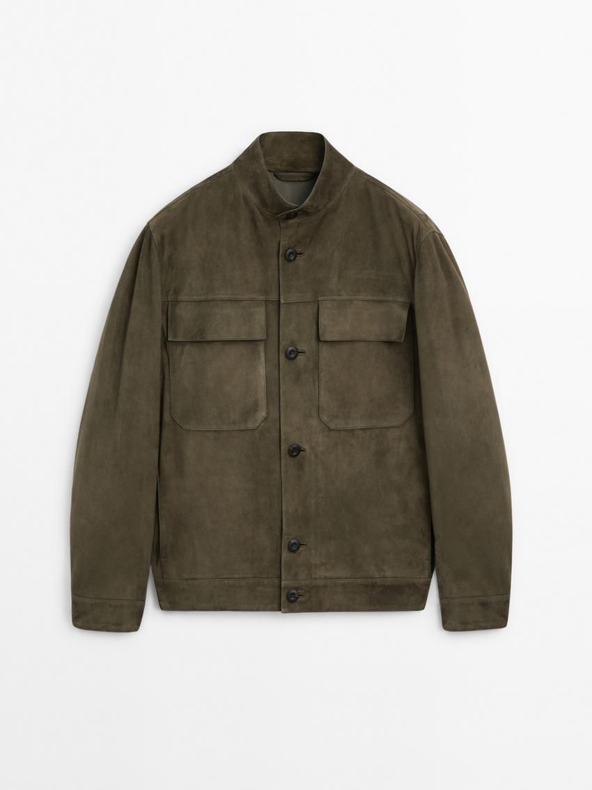 Massimo Dutti Buttoned Suede Men Leather Jacket Khaki | US-IN2680349