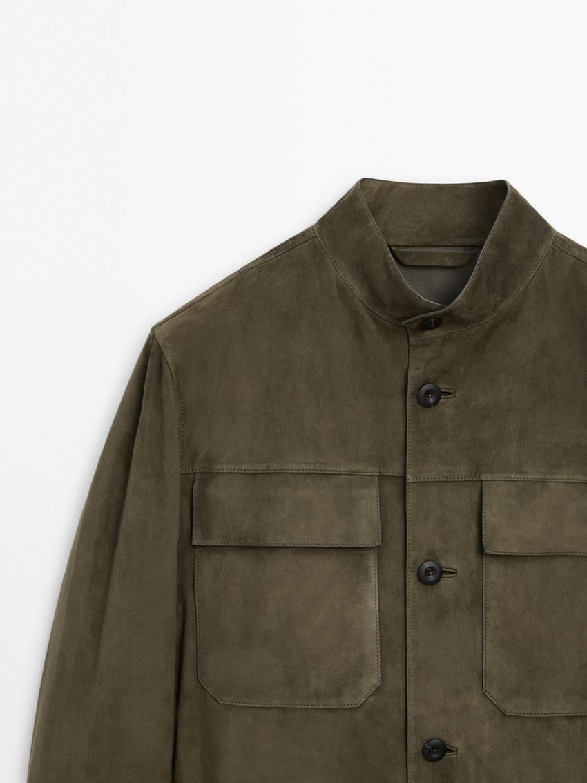 Massimo Dutti Buttoned Suede Men Leather Jacket Khaki | US-IN2680349