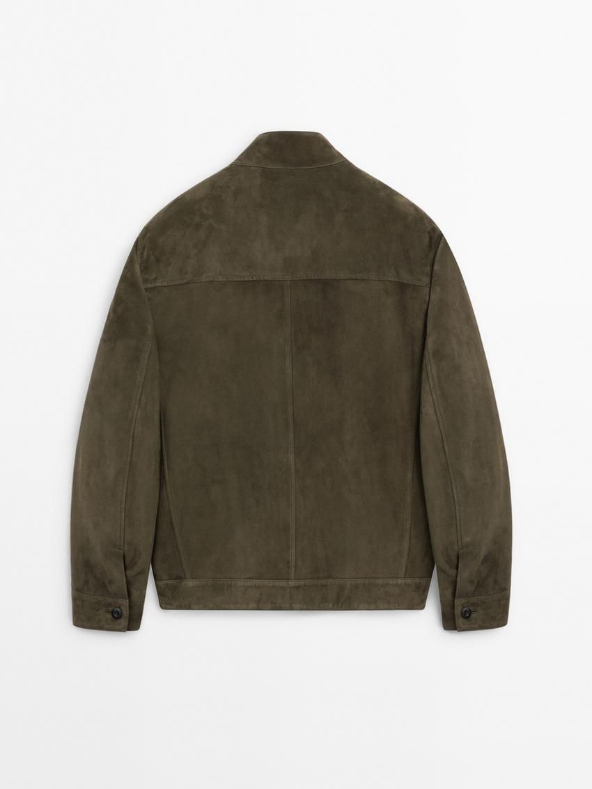 Massimo Dutti Buttoned Suede Men Leather Jacket Khaki | US-IN2680349