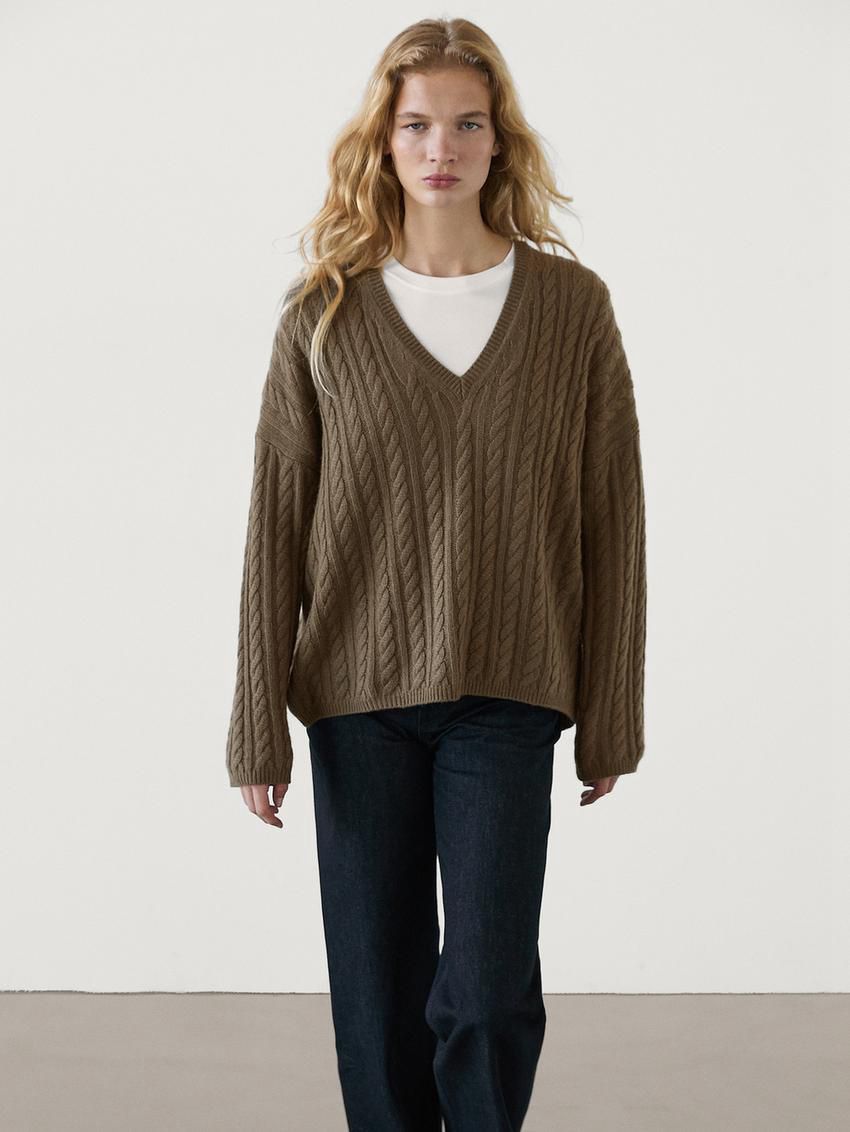 Massimo Dutti Cable-knit V-neck Women Sweater Toffee | US-BX2015396