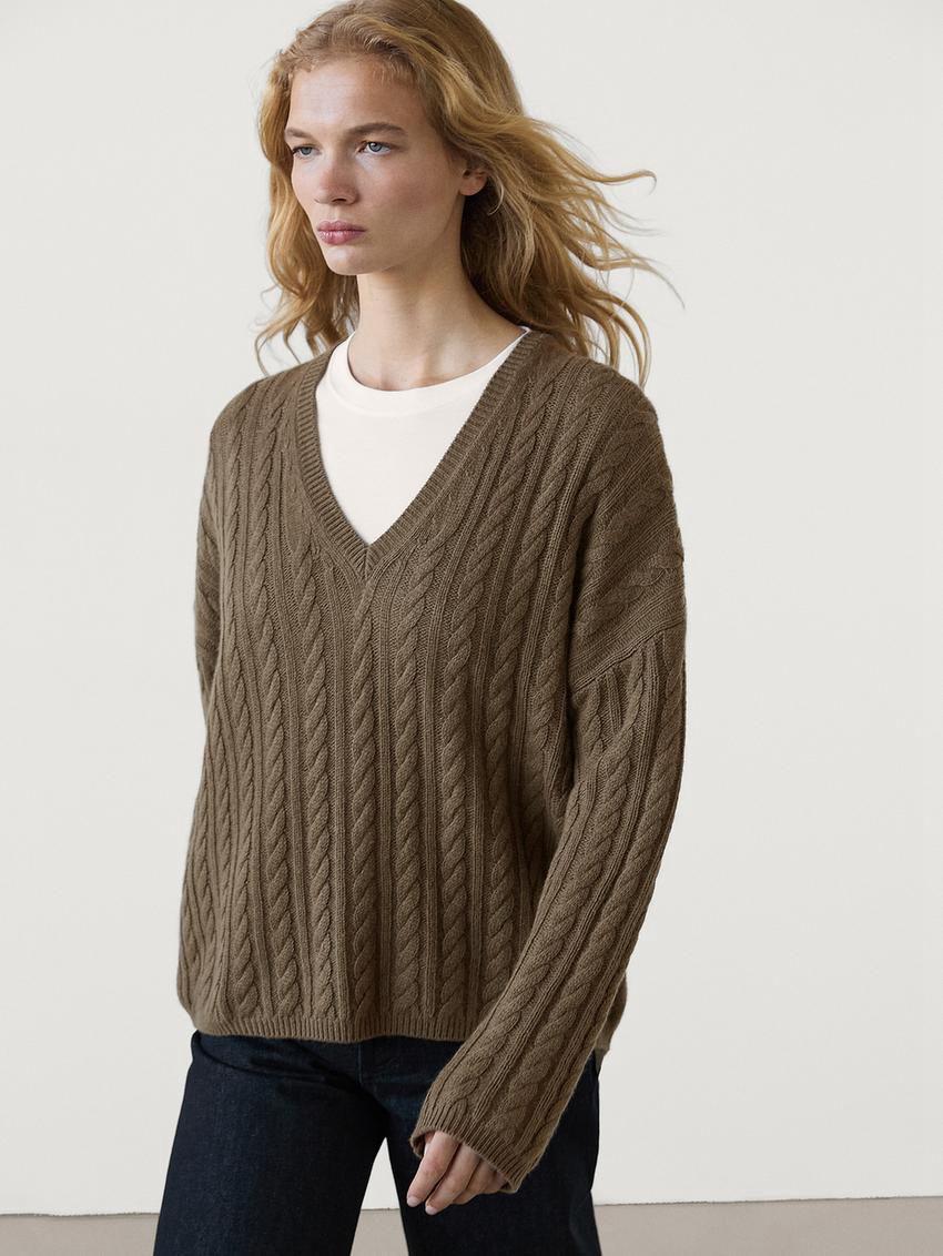 Massimo Dutti Cable-knit V-neck Women Sweater Toffee | US-BX2015396