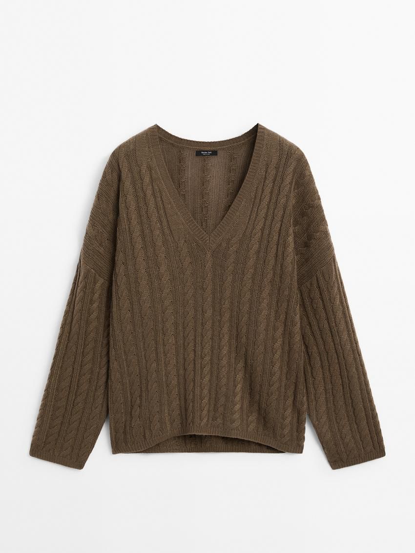 Massimo Dutti Cable-knit V-neck Women Sweater Toffee | US-BX2015396