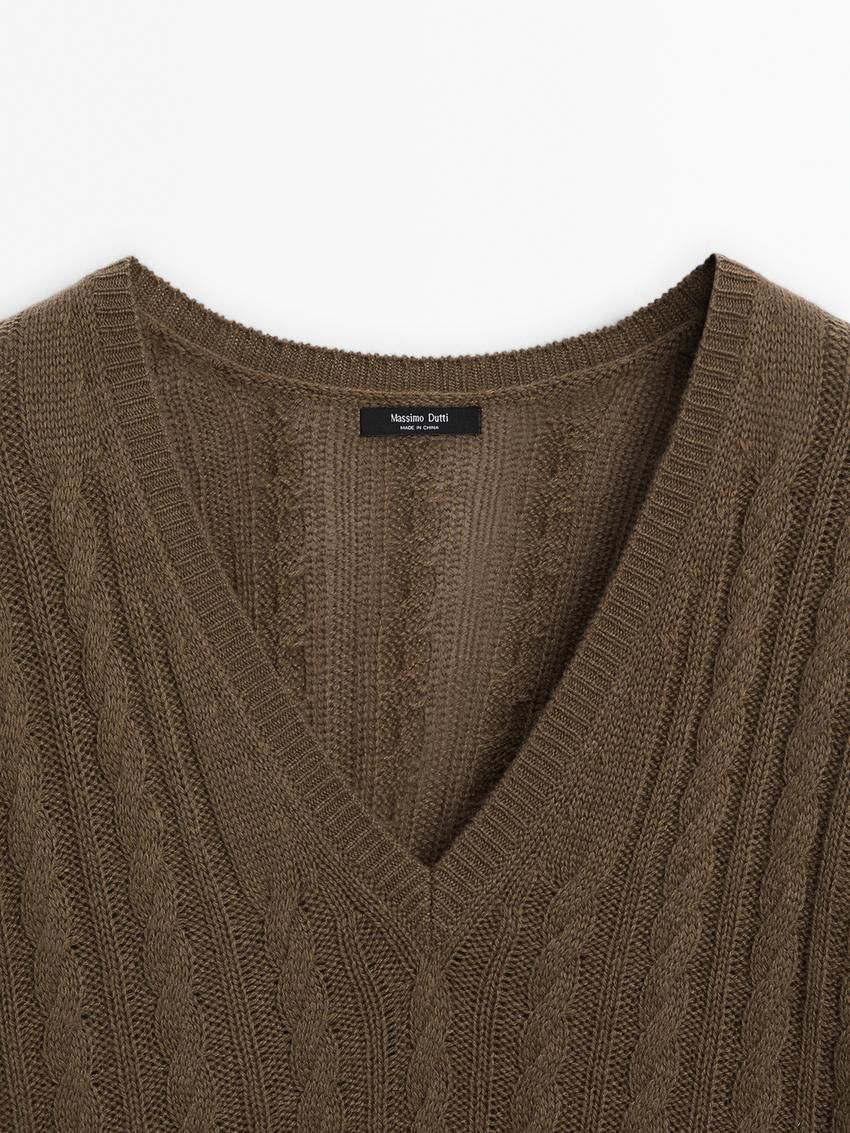 Massimo Dutti Cable-knit V-neck Women Sweater Toffee | US-BX2015396