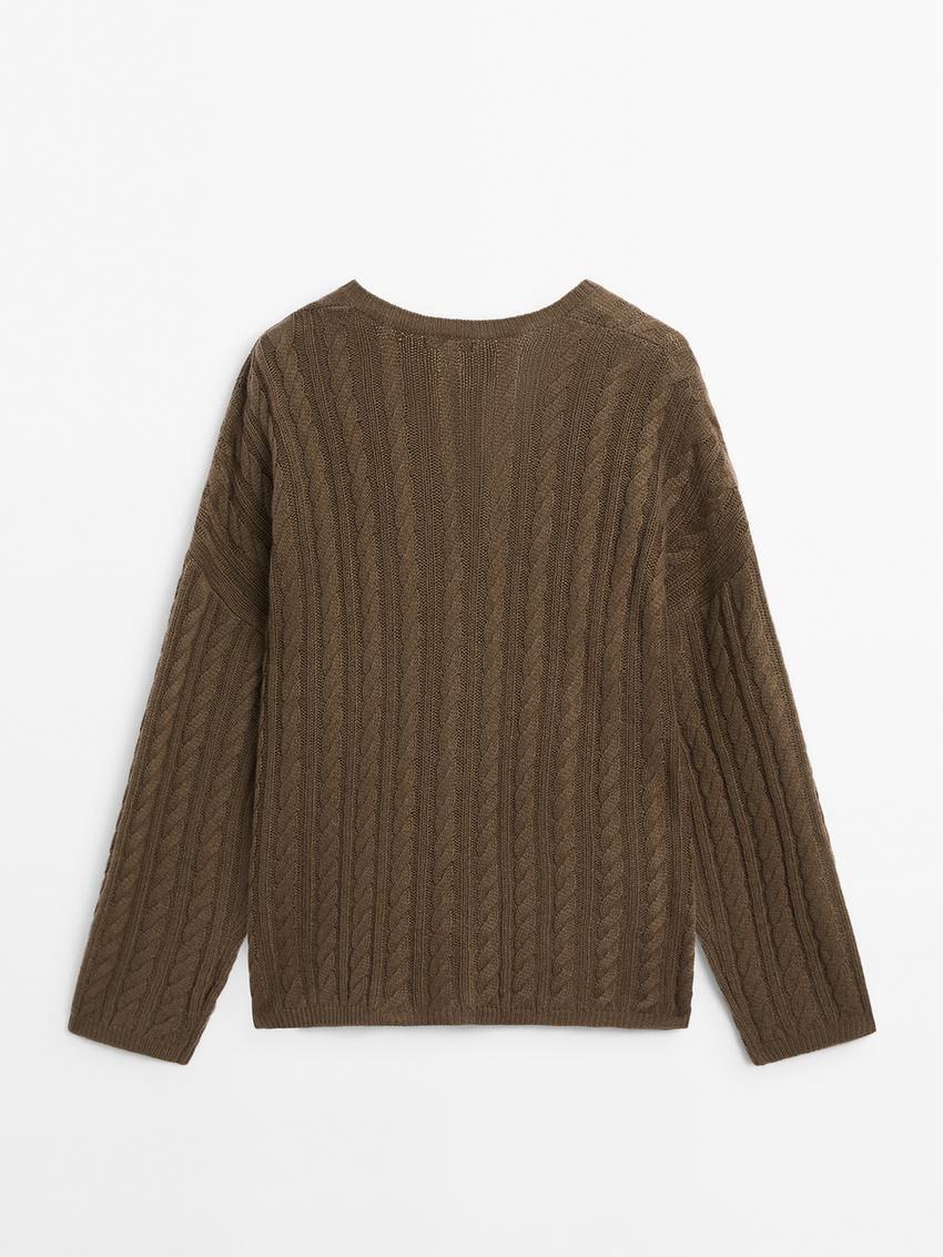 Massimo Dutti Cable-knit V-neck Women Sweater Toffee | US-BX2015396