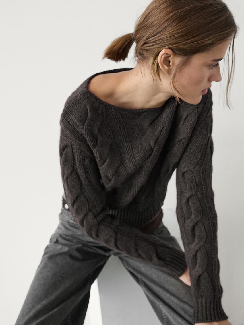 Massimo Dutti Cable-knit Wool Blend Women Sweater Dark Brown | US-DW1386740