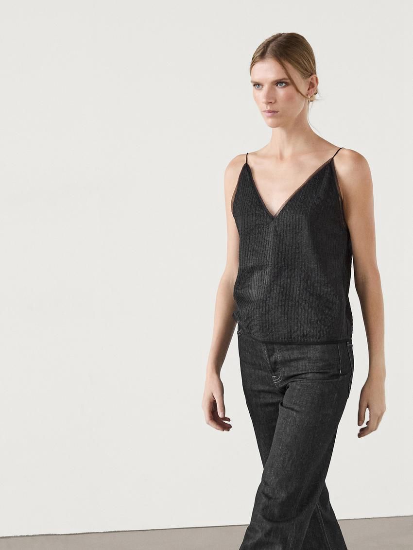 Massimo Dutti Camisole With Semi-sheer Detail Women Top Black | US-RO7932504
