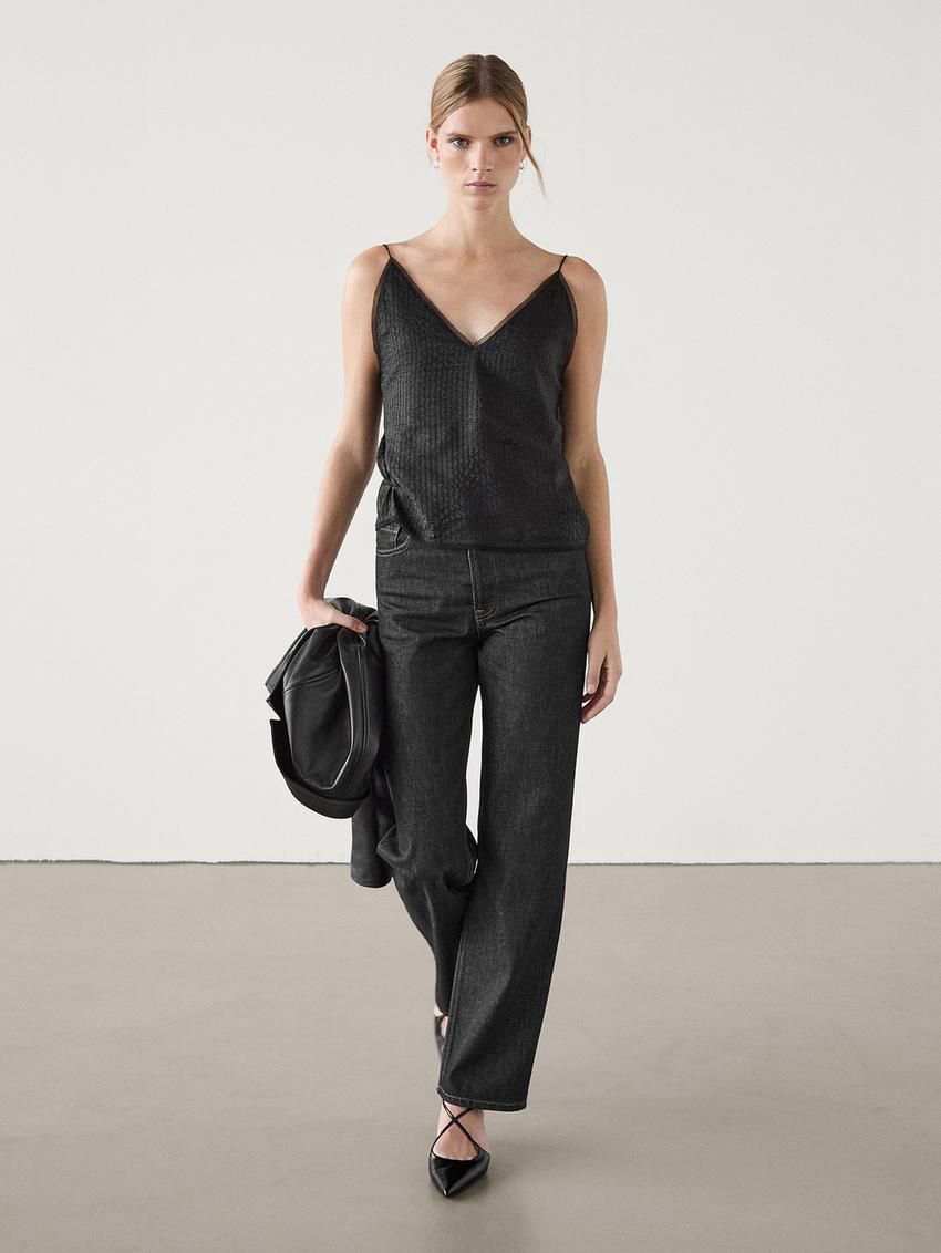 Massimo Dutti Camisole With Semi-sheer Detail Women Top Black | US-RO7932504