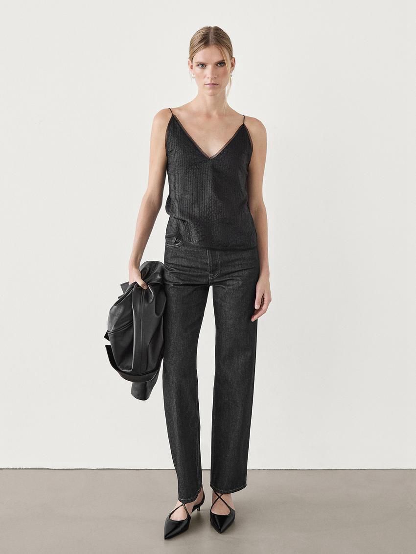Massimo Dutti Camisole With Semi-sheer Detail Women Top Black | US-RO7932504
