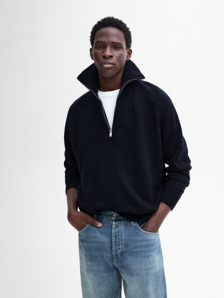 Massimo Dutti Cashmere Blend Mock Neck Men Sweater Navy | US-TO3268415