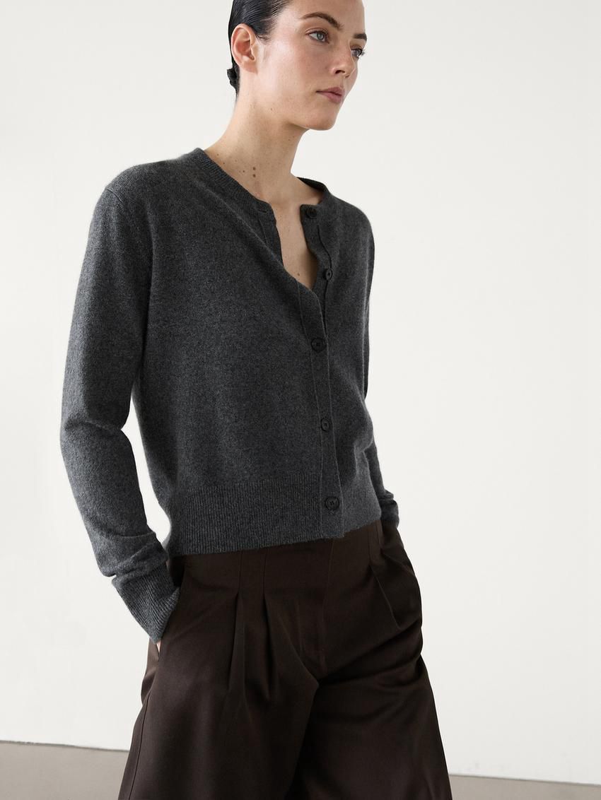 Massimo Dutti Cashmere Crew Neck Women Cardigan Dark Grey | US-RS8402197