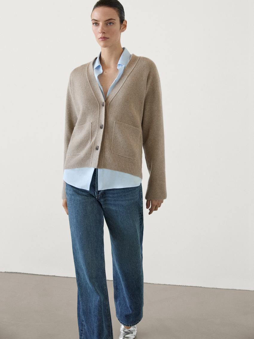 Massimo Dutti Cashmere Fitted Knit Women Cardigan Light Khaki | US-IP5372408