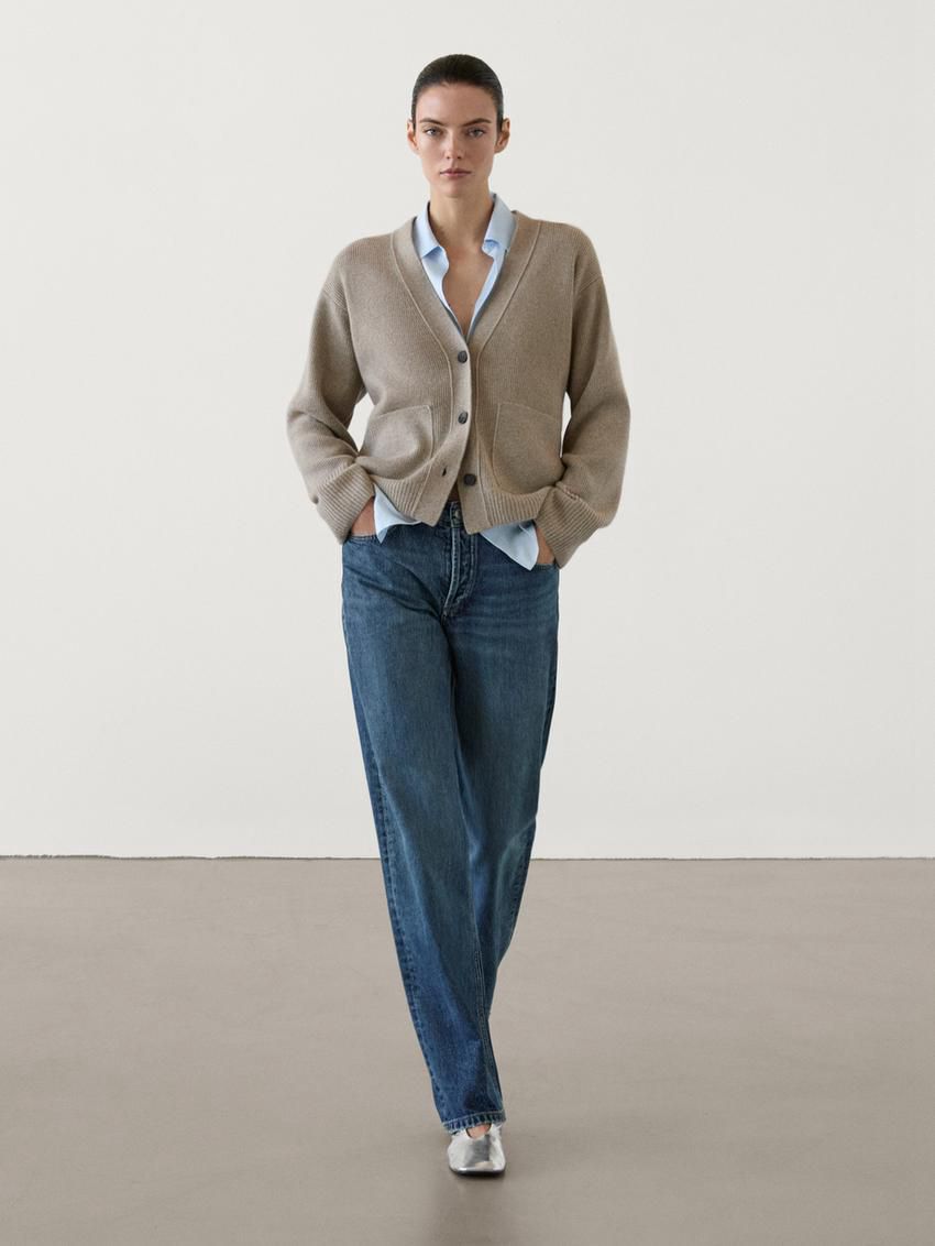 Massimo Dutti Cashmere Fitted Knit Women Cardigan Light Khaki | US-IP5372408