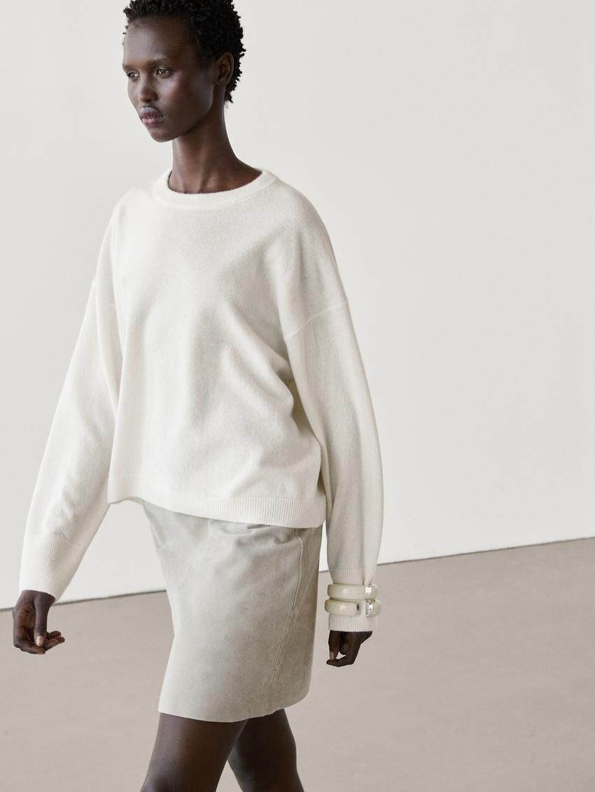 Massimo Dutti Cashmere Knit Crew Neck Women Sweater Cream | US-ZE2304567