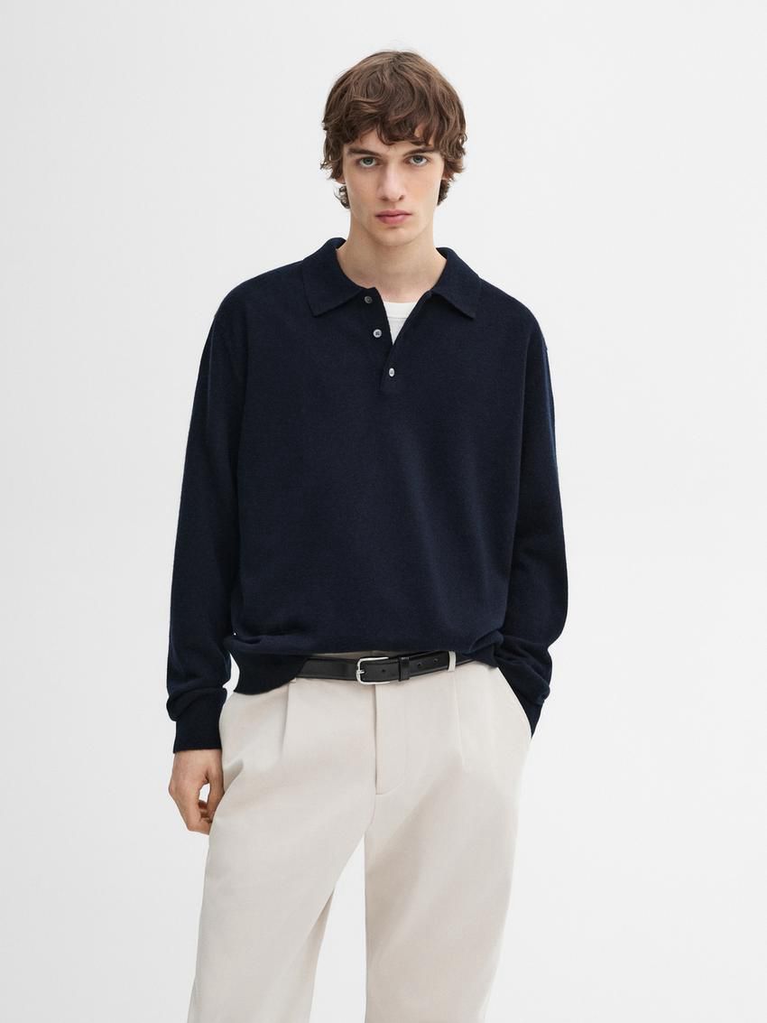 Massimo Dutti Cashmere Knit Polo Collar Men Sweater Navy | US-AC4520193