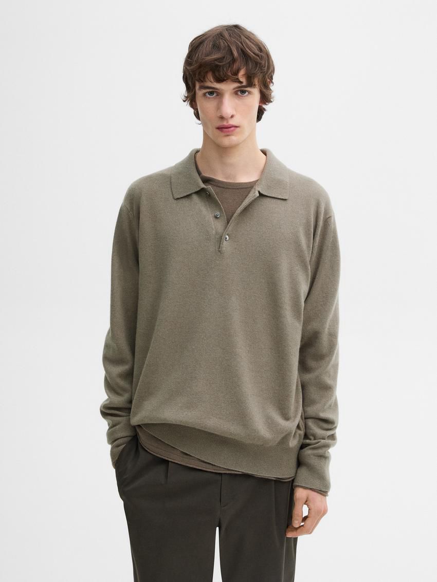 Massimo Dutti Cashmere Knit Polo Collar Men Sweater Khaki | US-MH8653170