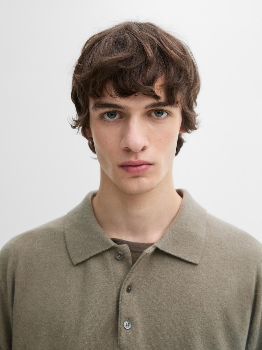 Massimo Dutti Cashmere Knit Polo Collar Men Sweater Khaki | US-MH8653170