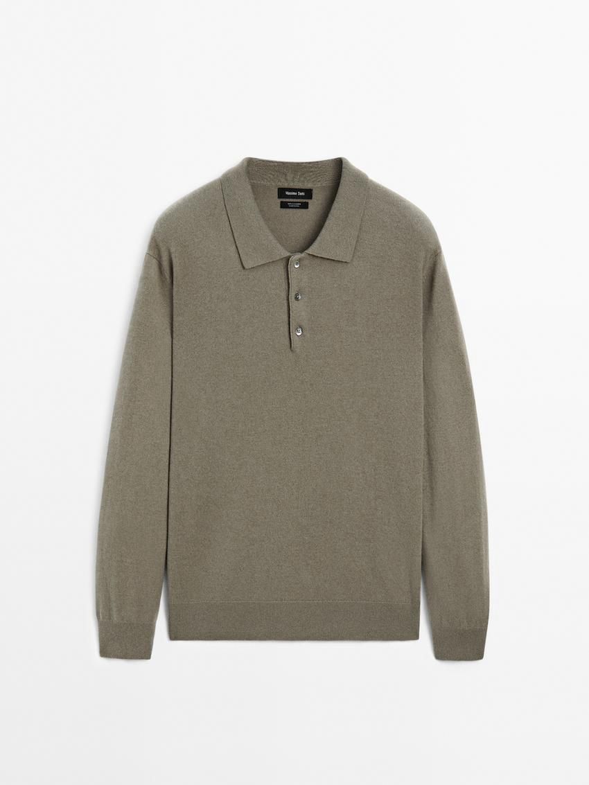 Massimo Dutti Cashmere Knit Polo Collar Men Sweater Khaki | US-MH8653170