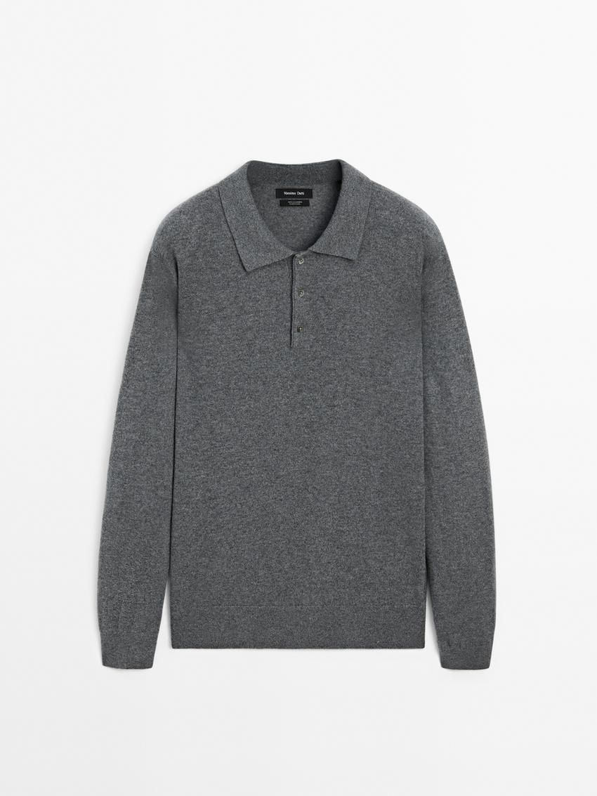 Massimo Dutti Cashmere Knit Polo Collar Men Sweater Dark Grey | US-OH0519384