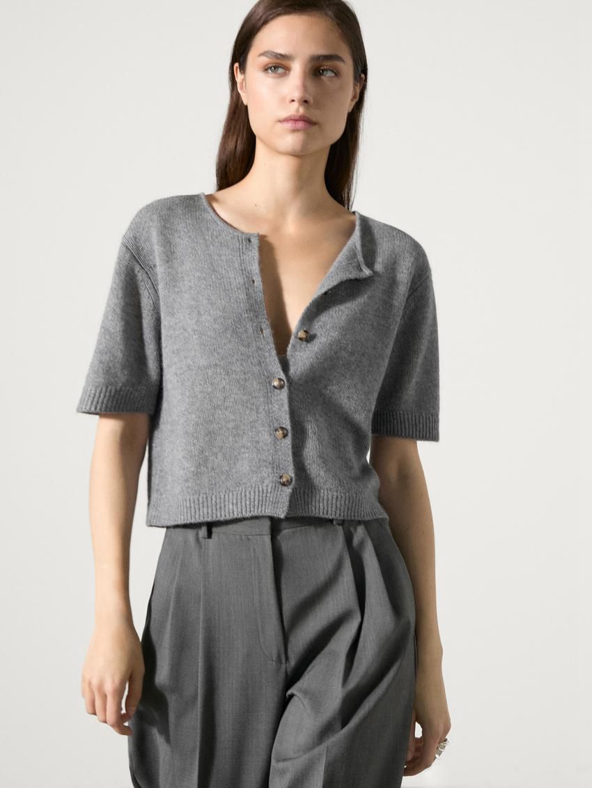 Massimo Dutti Cashmere Knit Short Sleeve Women Cardigan Grey | US-EJ6283197
