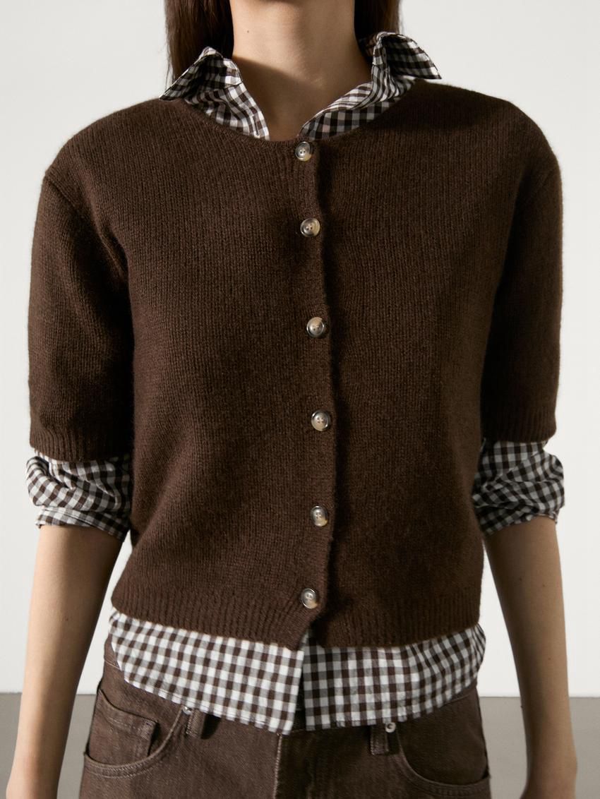 Massimo Dutti Cashmere Knit Short Sleeve Women Cardigan Brown | US-IT2147986