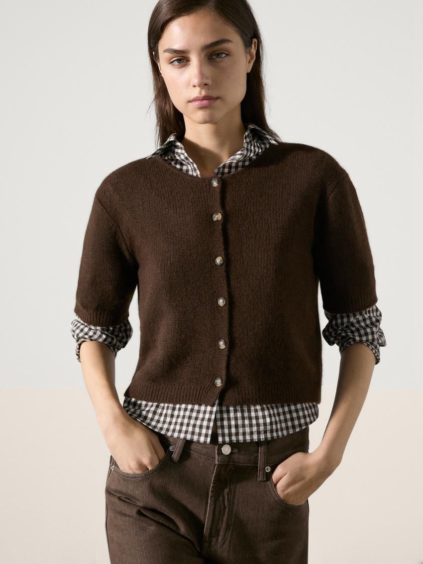 Massimo Dutti Cashmere Knit Short Sleeve Women Cardigan Brown | US-IT2147986