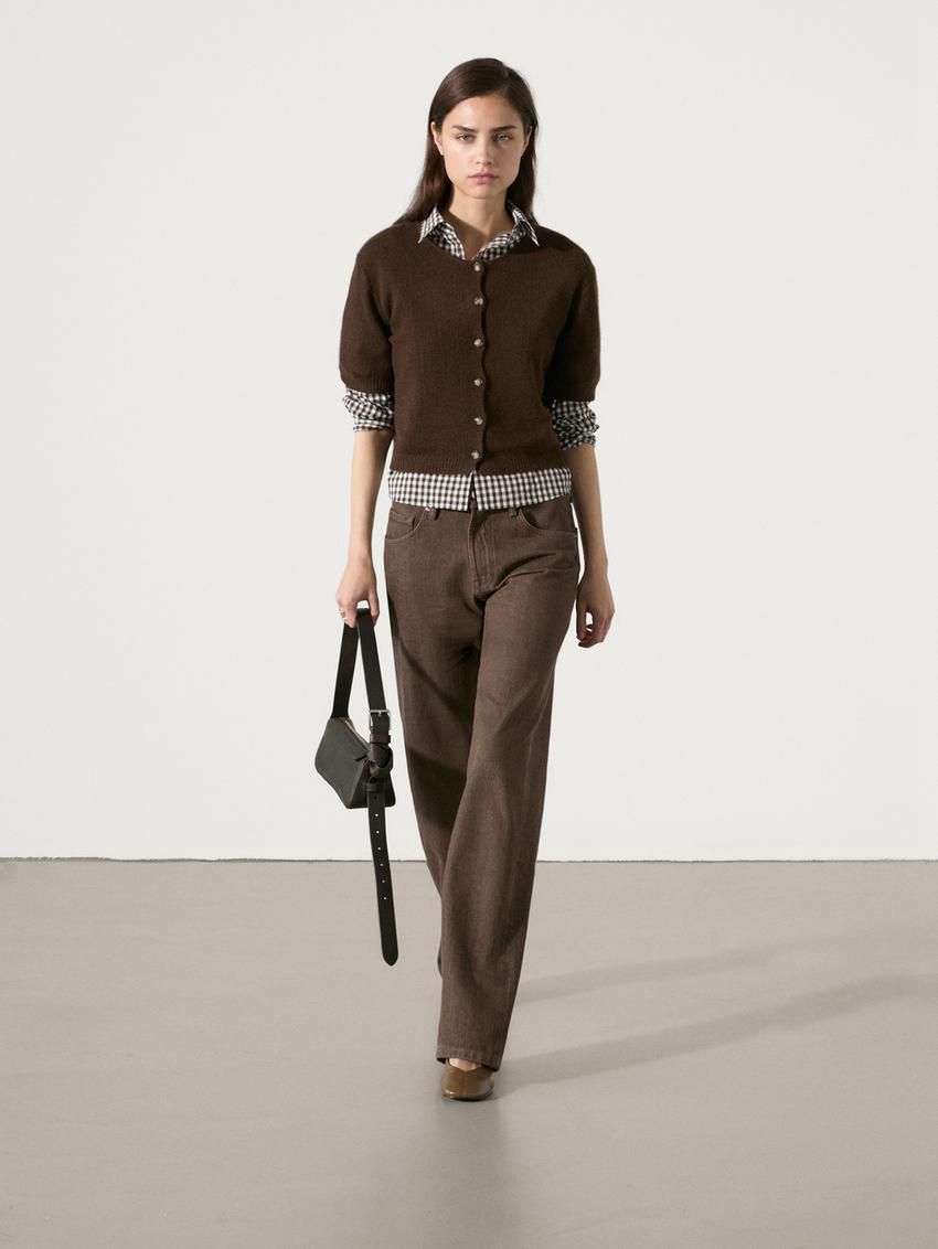 Massimo Dutti Cashmere Knit Short Sleeve Women Cardigan Brown | US-IT2147986