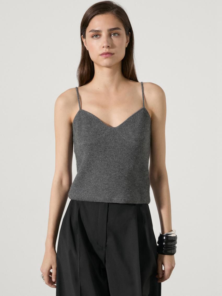 Massimo Dutti Cashmere Knit Strappy Women Top Dark Grey | US-DN3125798
