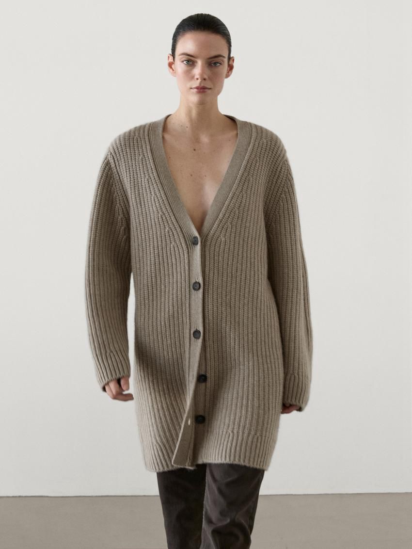 Massimo Dutti Cashmere Long Purl Knit Women Cardigan Light Khaki | US-HA9378240