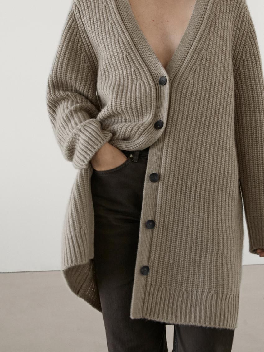 Massimo Dutti Cashmere Long Purl Knit Women Cardigan Light Khaki | US-HA9378240