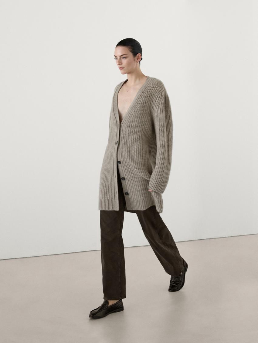 Massimo Dutti Cashmere Long Purl Knit Women Cardigan Light Khaki | US-HA9378240