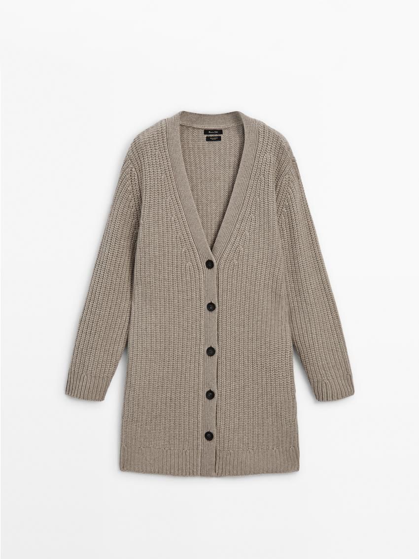 Massimo Dutti Cashmere Long Purl Knit Women Cardigan Light Khaki | US-HA9378240